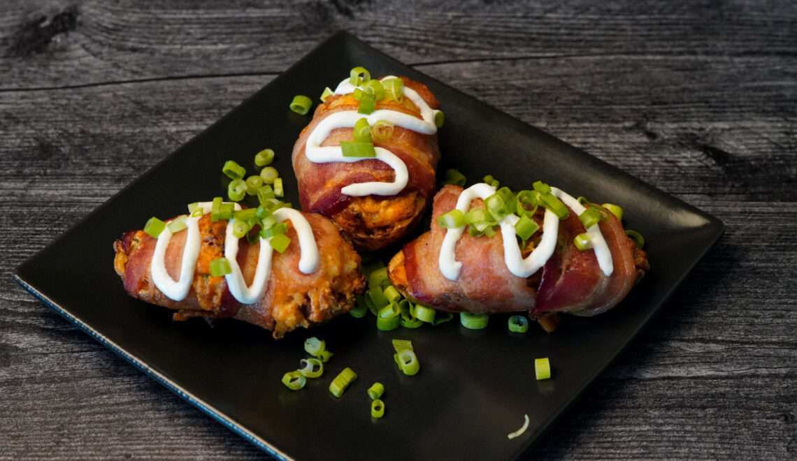 Grilled Bacon Wrapped Loaded Baked Potato Skins | Wild West Viking